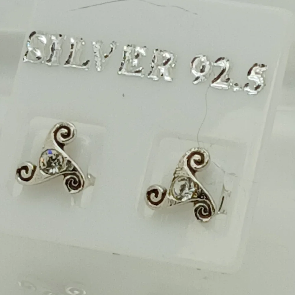 Sterling Silver 925 Celtic Triskelion Stud Earrings Crystal Triple‎ Spiral